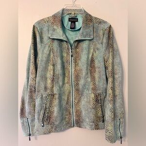 DIALOGUE Chic Turquoise Aqua & Brown Snake Print Faux Leather Jacket, Size M